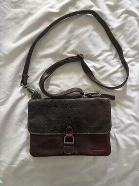 Jack Georges Brown Floral Embossed Leather Crossbody Bag Purse